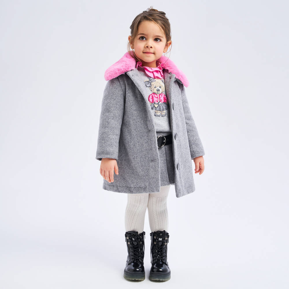 iDO Малыши-Girls Wool Coat with Pink Collar | Childrensalon Outlet