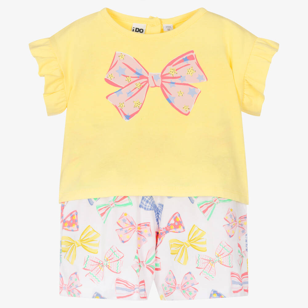 iDO Baby - Girls Yellow Bow Print Cotton Shorts Set | Childrensalon
