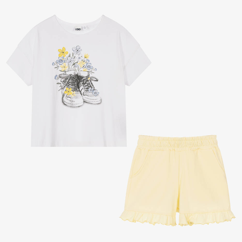 iDO Для младших-Белый топ с цветами и желтые шорты из хлопка | Childrensalon Outlet