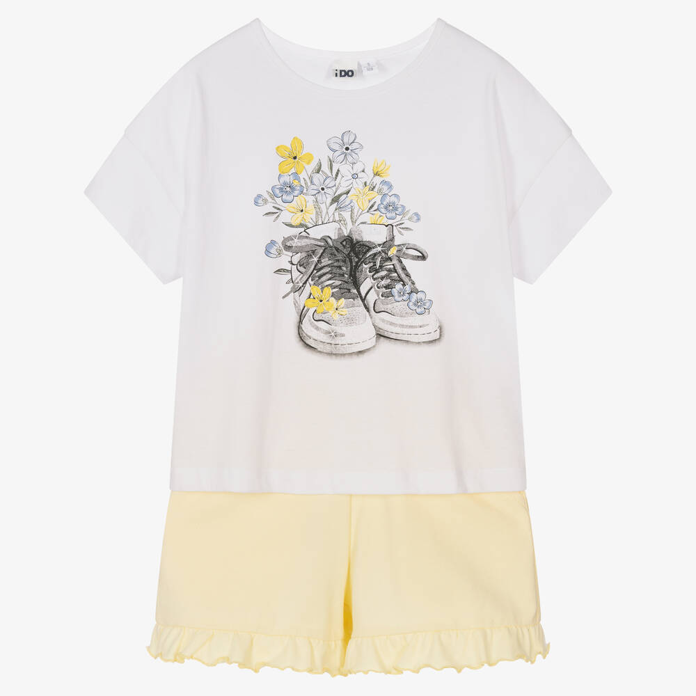 iDO Junior - Белый топ с цветами и желтые шорты из хлопка | Childrensalon