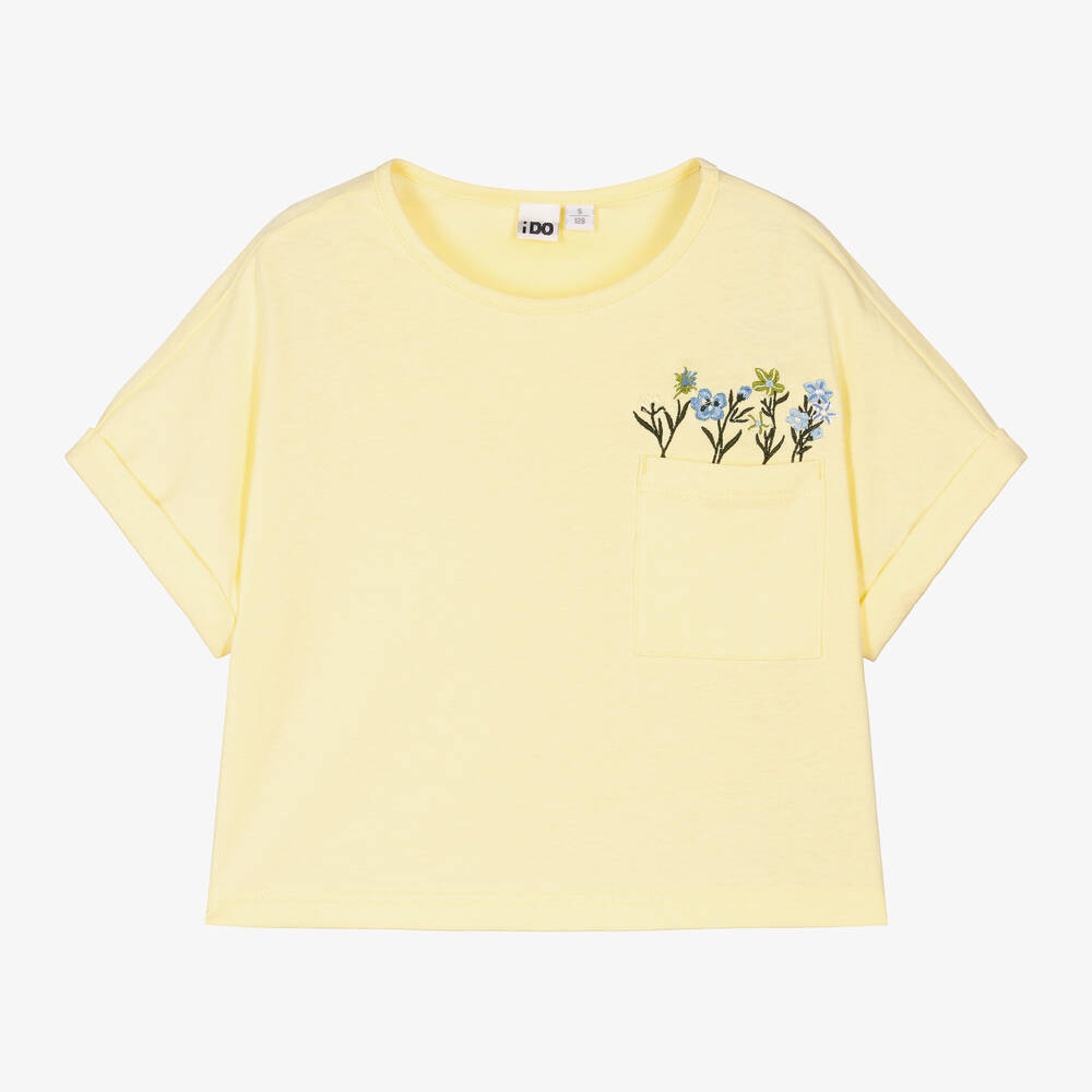 iDO Junior - Girls Yellow Floral Cotton T-Shirt | Childrensalon