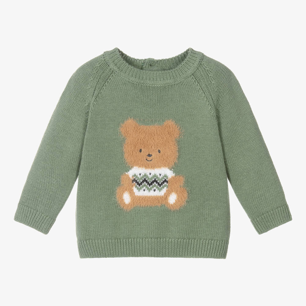 iDO Mini - Green Knitted Cotton & Wool Sweater | Childrensalon