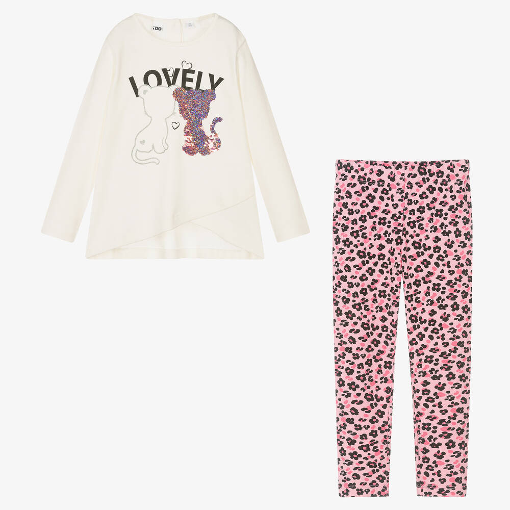 iDO Baby-Ivory & Pink Cat Leggings Set | Childrensalon Outlet