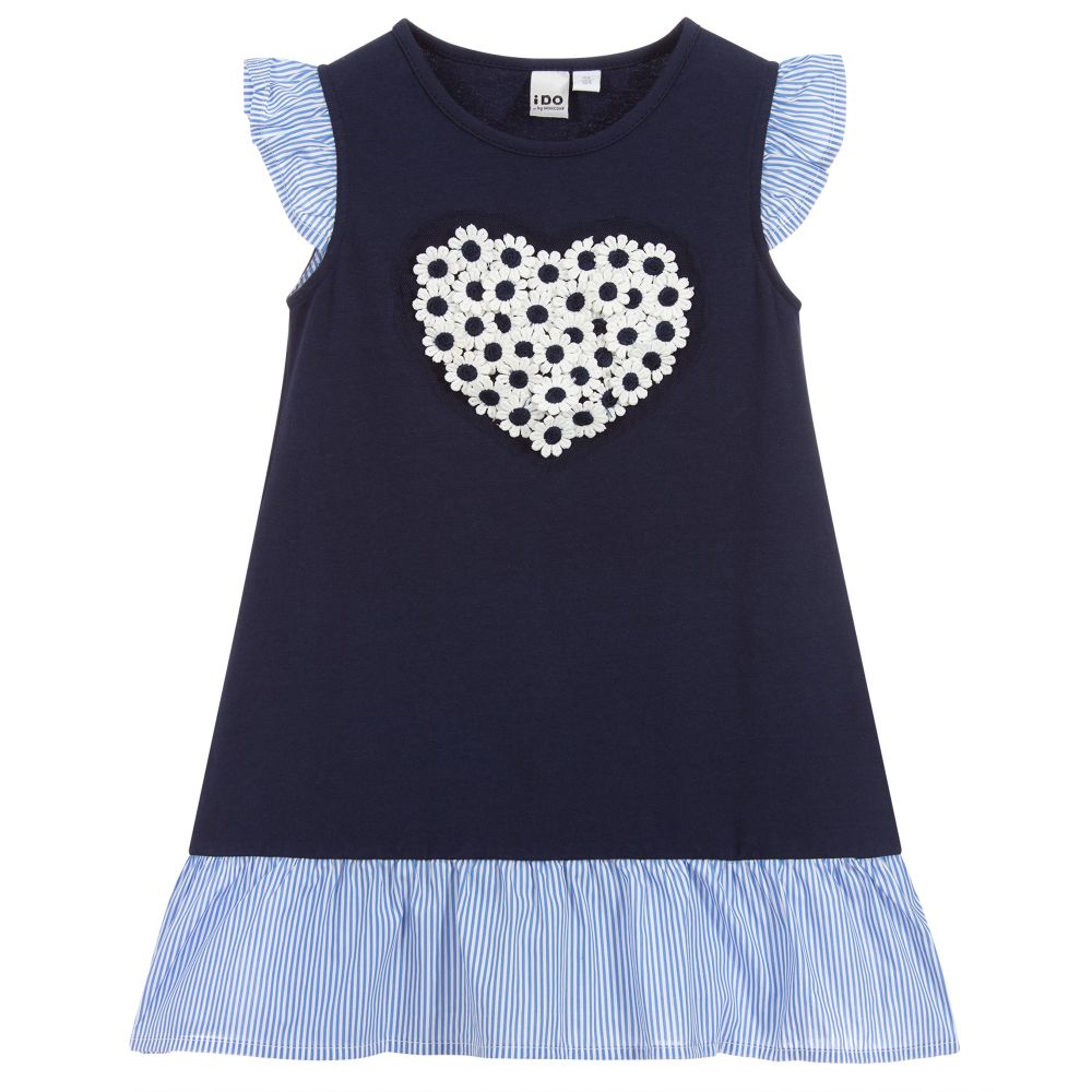 iDO Baby - فستان قطن جيرسي لون كحلي، أزرق وأبيض | Childrensalon