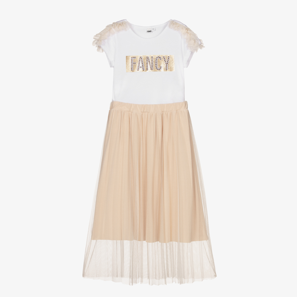 iDO Junior - White & Beige Tulle Skirt Set | Childrensalon