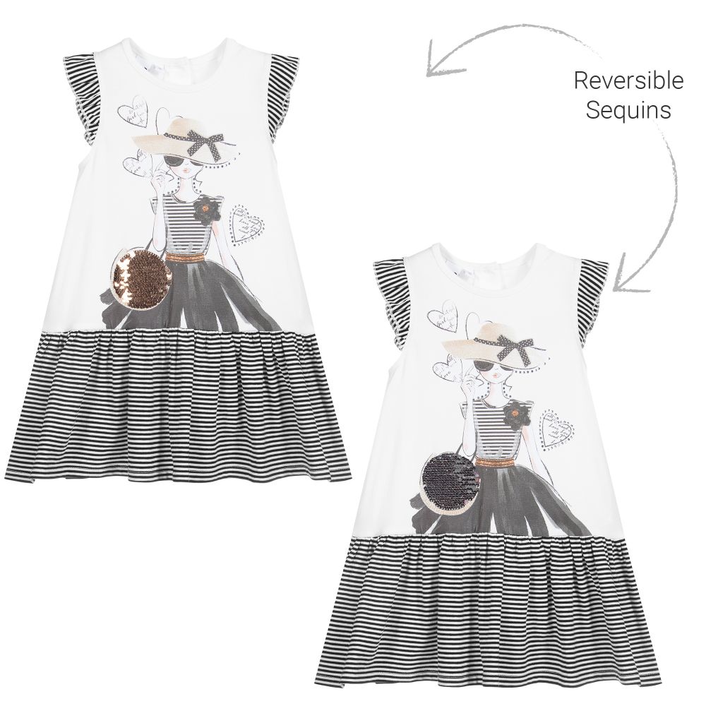 iDO Baby - فستان قطن جيرسي لون أبيض و أسود  | Childrensalon