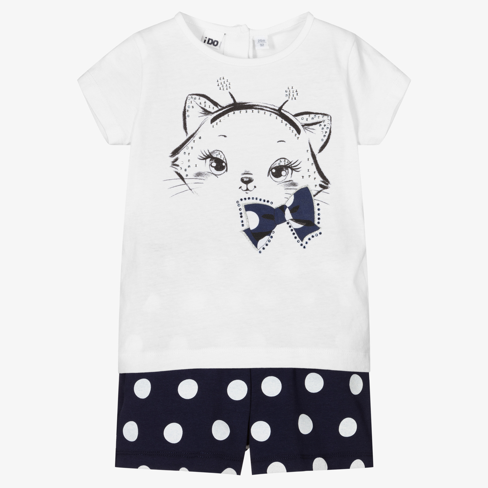 iDO Baby - Белая футболка с котом и синие шорты | Childrensalon