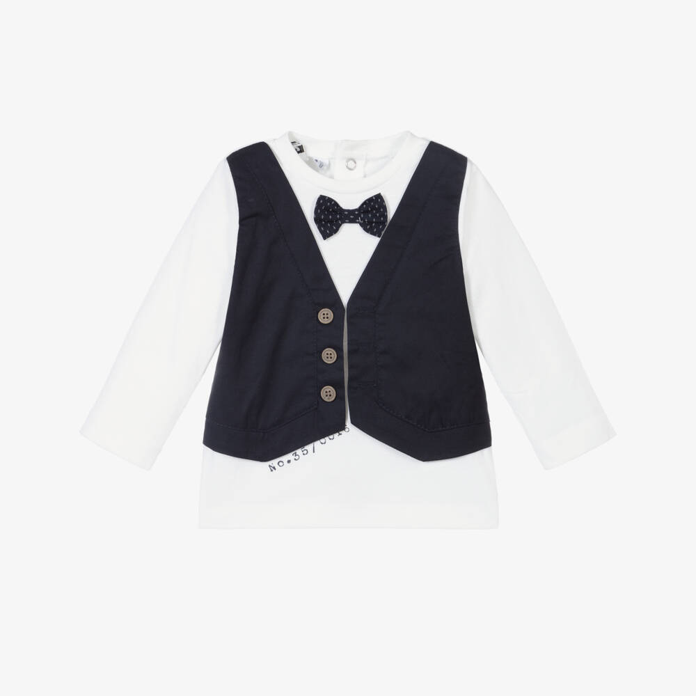 iDO Mini-White & Blue Cotton Baby Top | Childrensalon Outlet