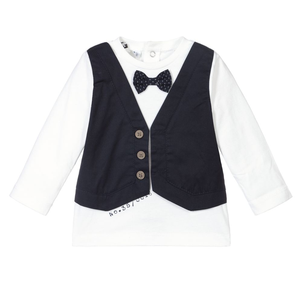 iDO Mini-White & Blue Cotton Baby Top | Childrensalon Outlet