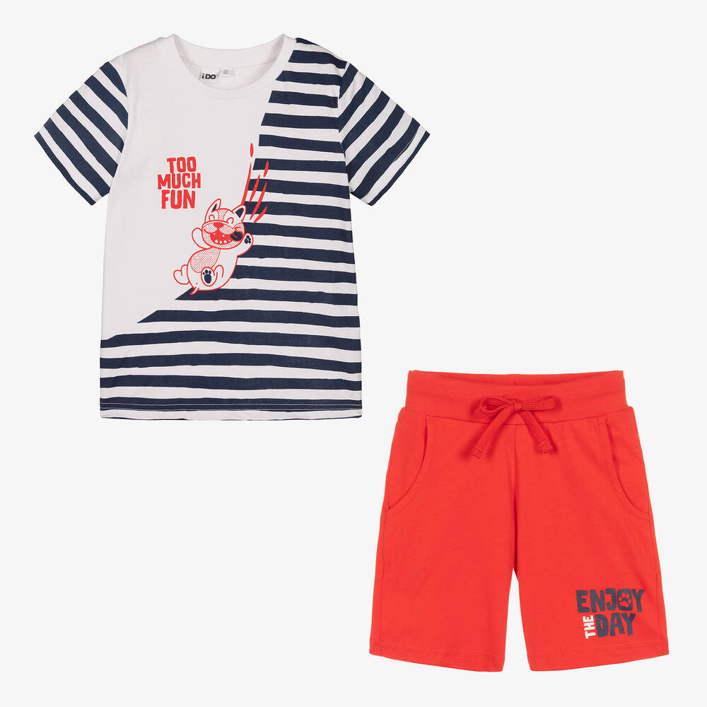 iDO Baby-White, Blue & Red Cotton Shorts Set | Childrensalon Outlet