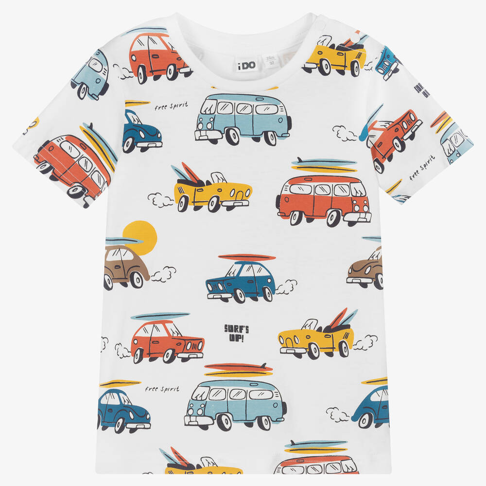 iDO Baby - White Cars Cotton T-Shirt | Childrensalon