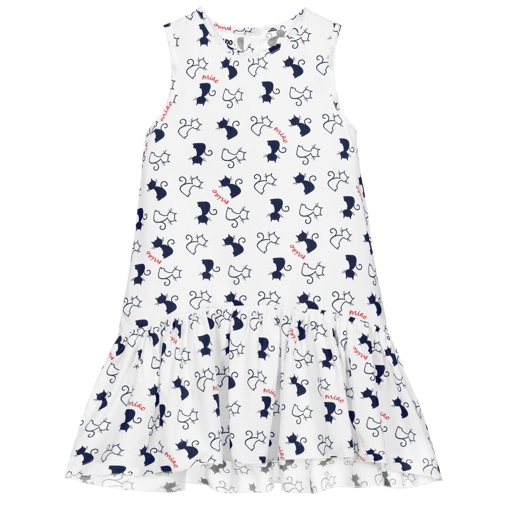iDO Baby - White Cotton Cat Print Dress | Childrensalon