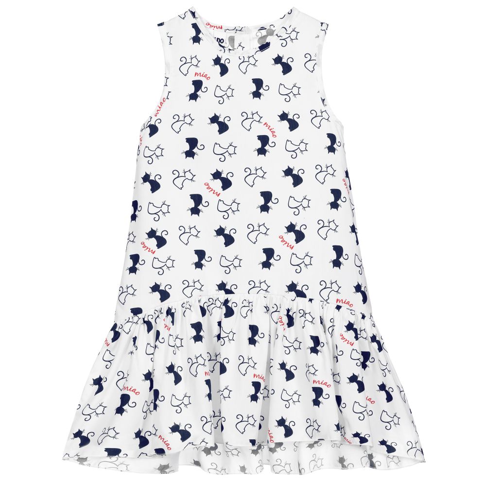 iDO Baby - Weißes Baumwollkleid mit Katzen | Childrensalon