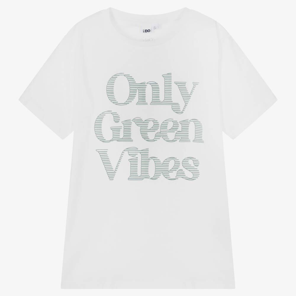 iDO Junior - White Cotton Only Green Vibes T-Shirt | Childrensalon