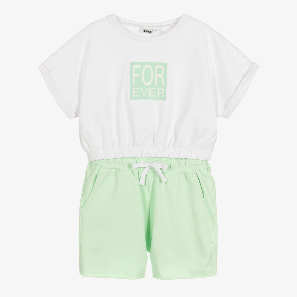 iDO Junior - White & Mint Green Cotton Shorts Set | Childrensalon