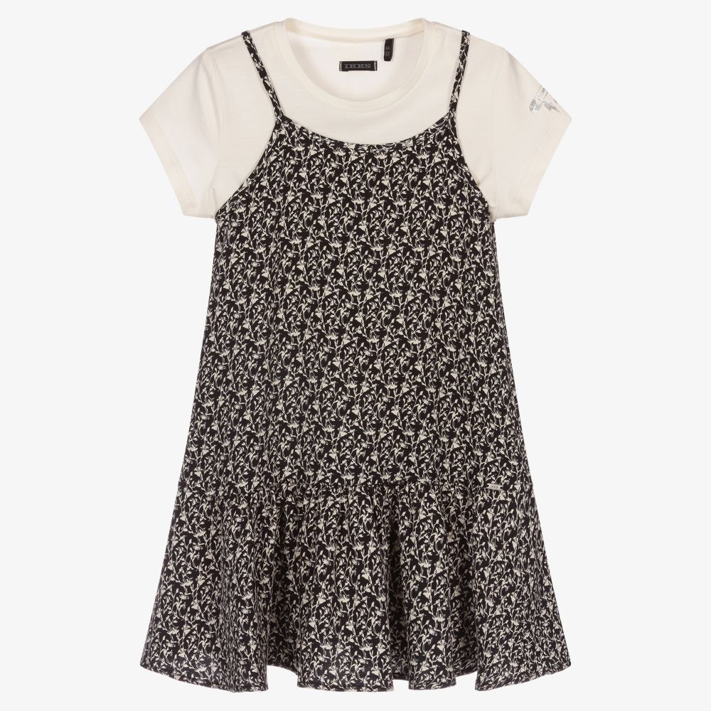 IKKS - Кремовая футболка и черное платье в цветочек | Childrensalon