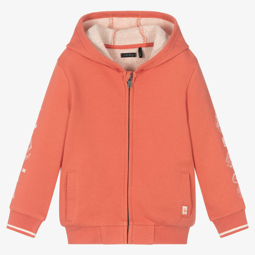 Boys Orange Cotton Zip Up Hoodie