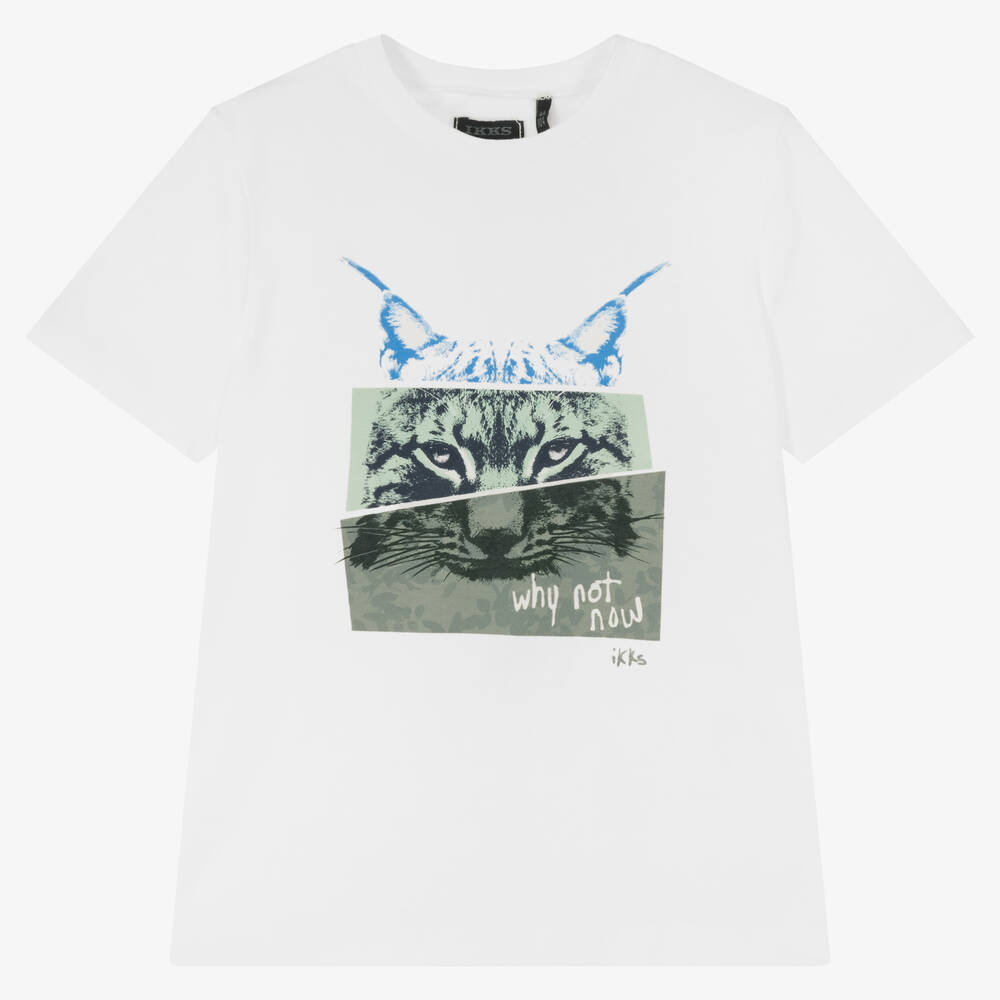 IKKS - Boys White Cat Print T-Shirt | Childrensalon