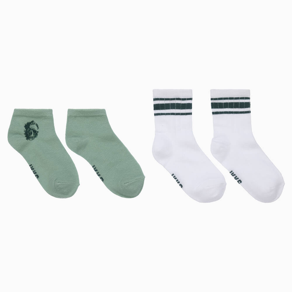 IKKS - Boys White & Green Cotton Socks (2 Pack) | Childrensalon