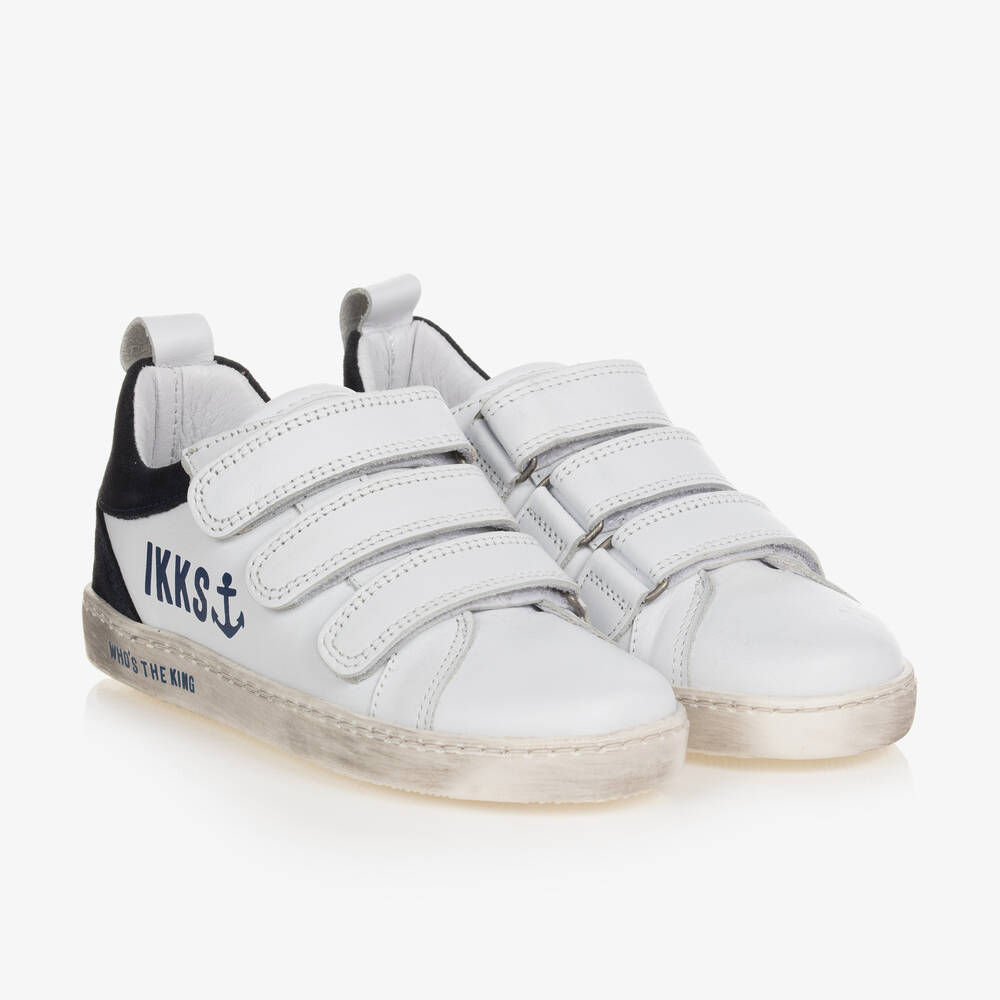 IKKS - Boys White Leather Velcro Trainers | Childrensalon