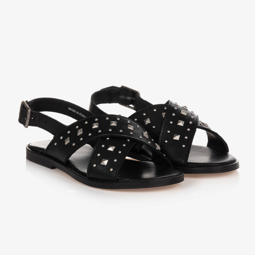 IKKS - Girls Black Studded Leather Sandals | Childrensalon