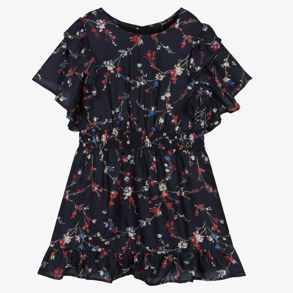 IKKS - Girls Blue Floral Silk Dress | Childrensalon