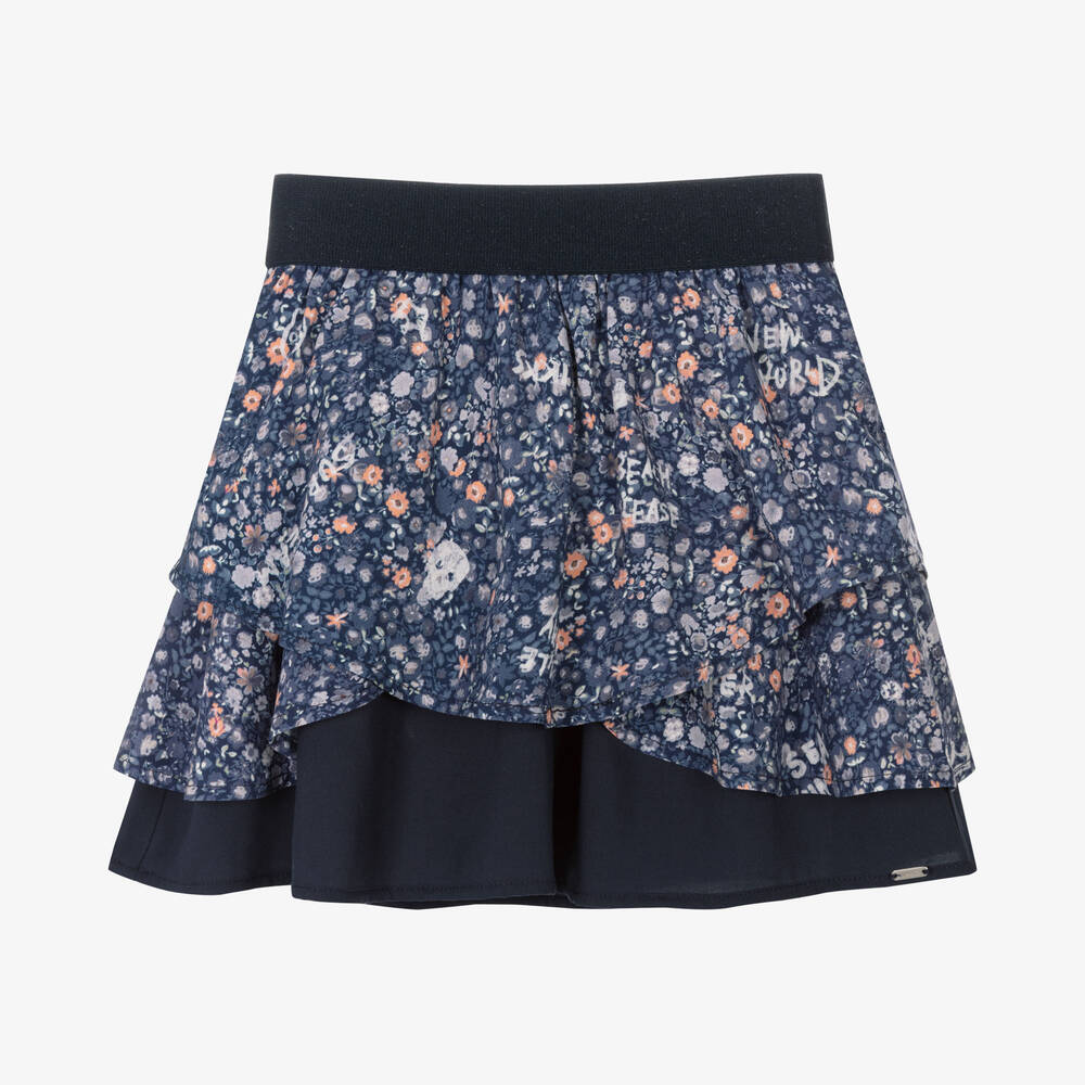 IKKS - Girls Blue Floral Viscose Skirt | Childrensalon