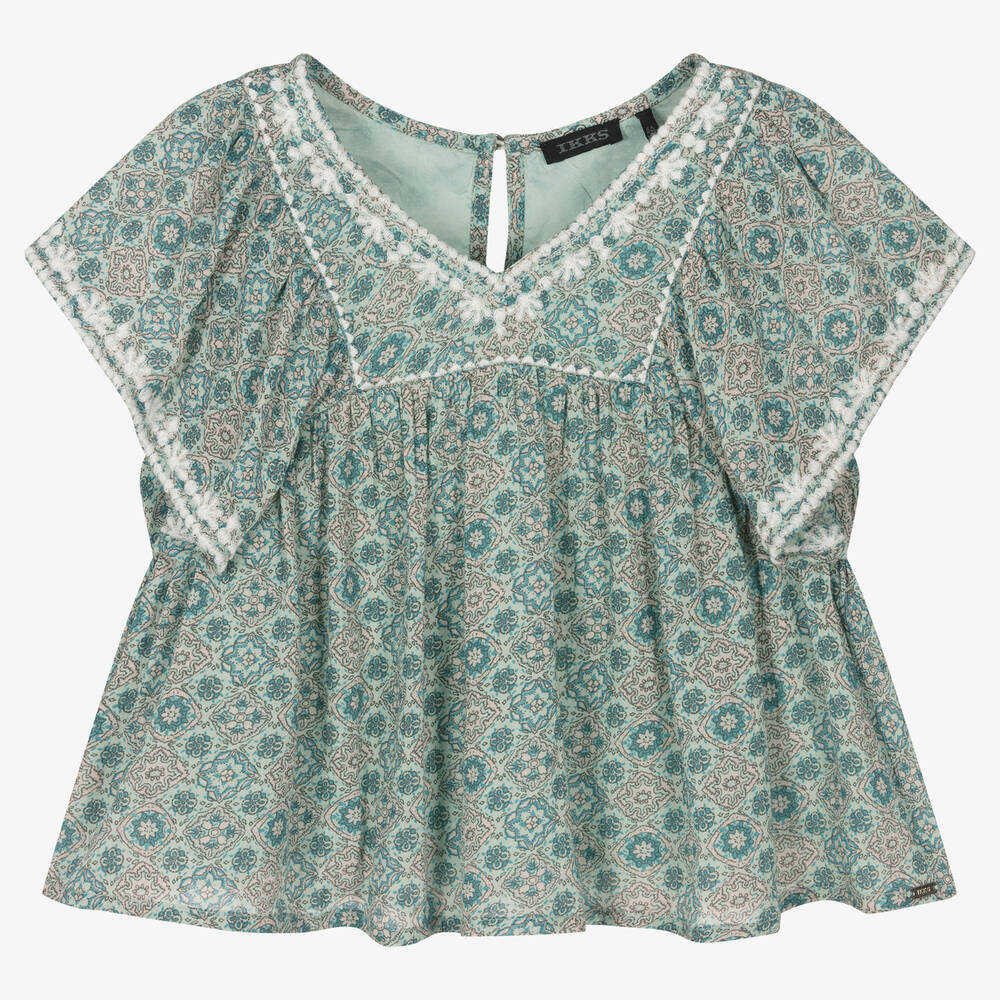 IKKS - Girls Blue Tile Print Blouse | Childrensalon