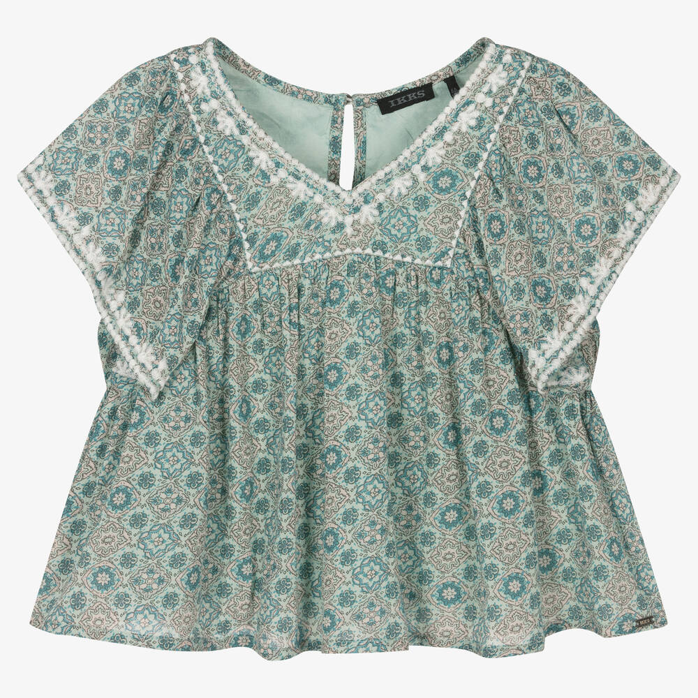 IKKS - Girls Blue Tile Print Blouse | Childrensalon