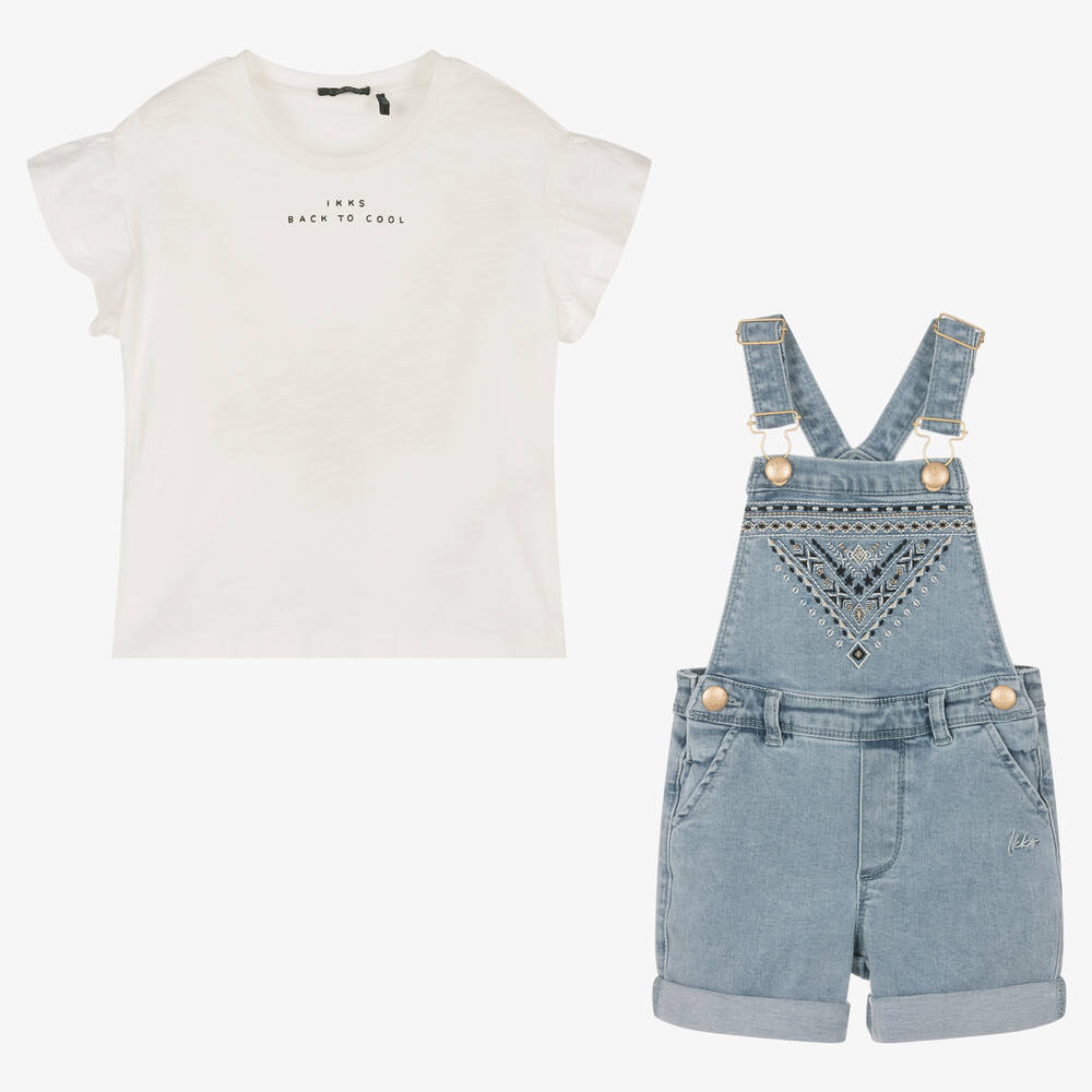 IKKS-Girls Denim Dungaree Shorts Set | Childrensalon Outlet
