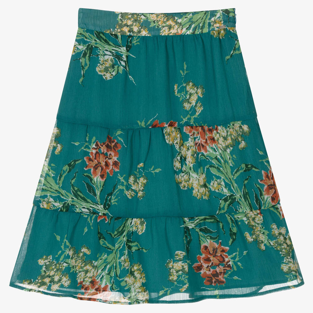 IKKS - Girls Green Floral Tiered Skirt | Childrensalon