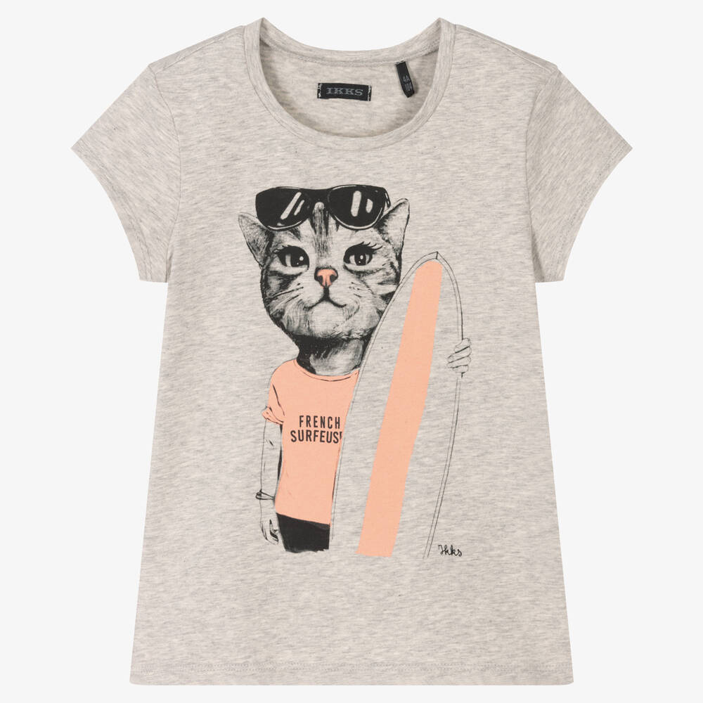 IKKS Girls Grey Cat Cotton T Shirt Childrensalon Outlet