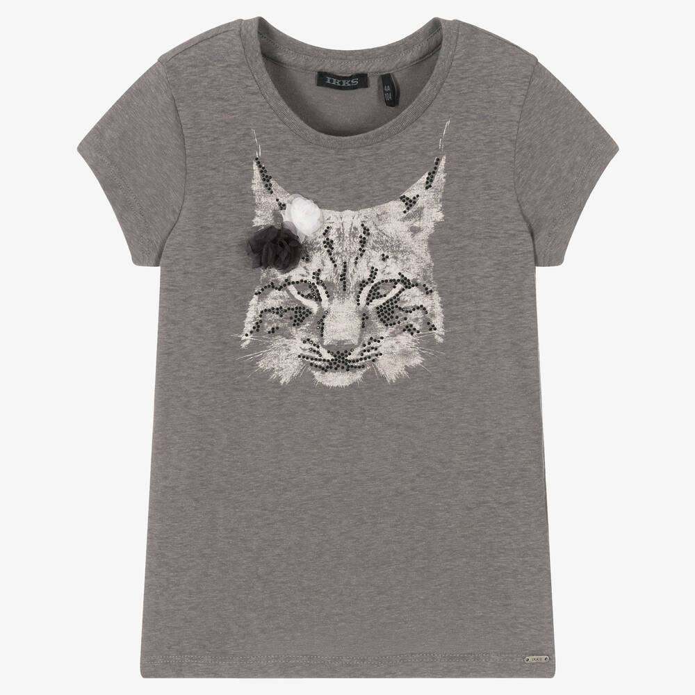 IKKS - Girls Grey Cat Print T-Shirt | Childrensalon