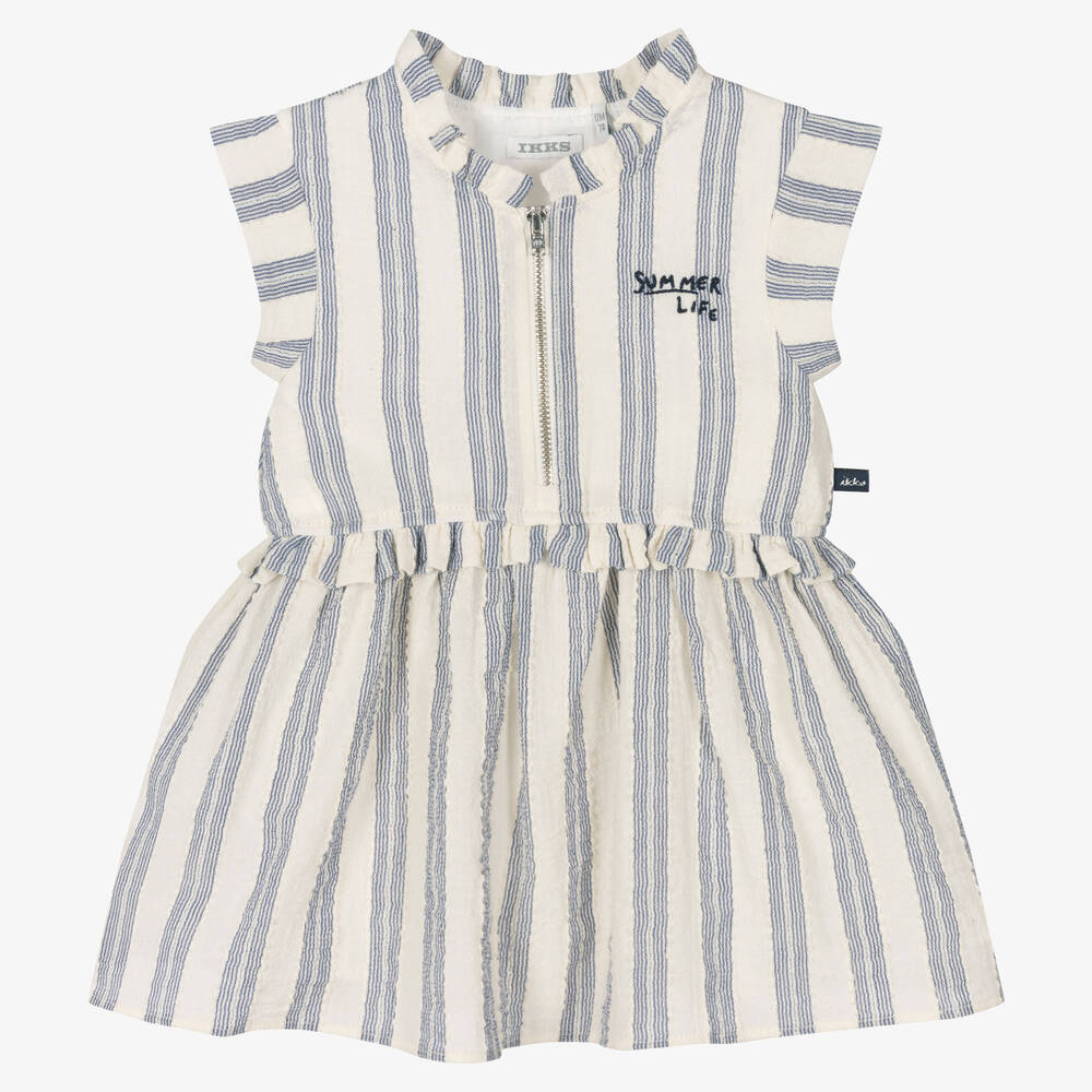 IKKS - Girls Ivory & Blue Stripe Dress | Childrensalon