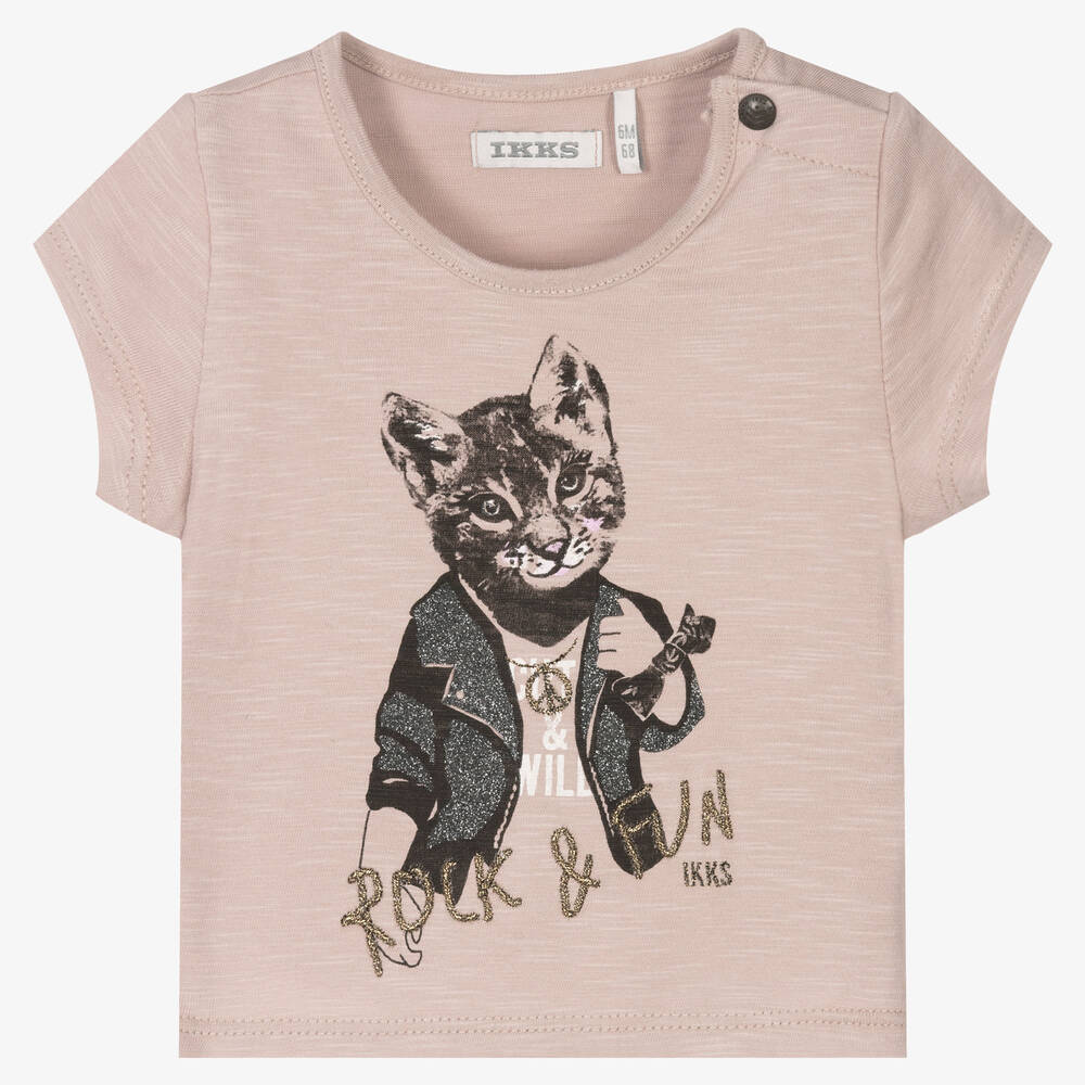 IKKS - Girls Pink Cat Cotton T-Shirt | Childrensalon