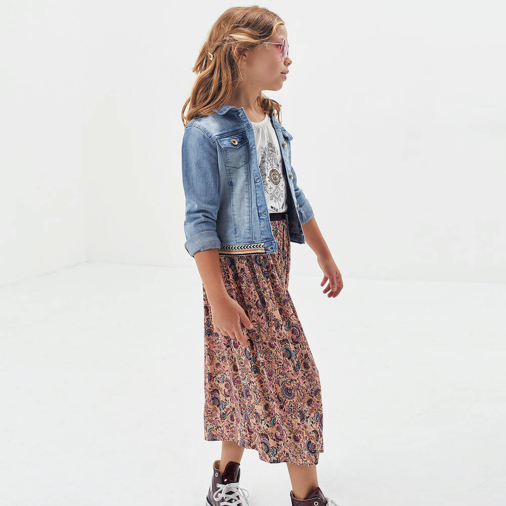 آي كيه كيه إس-تنورة ماكسي فيسكوز لون زهري بطبعة ورود | Childrensalon Outlet