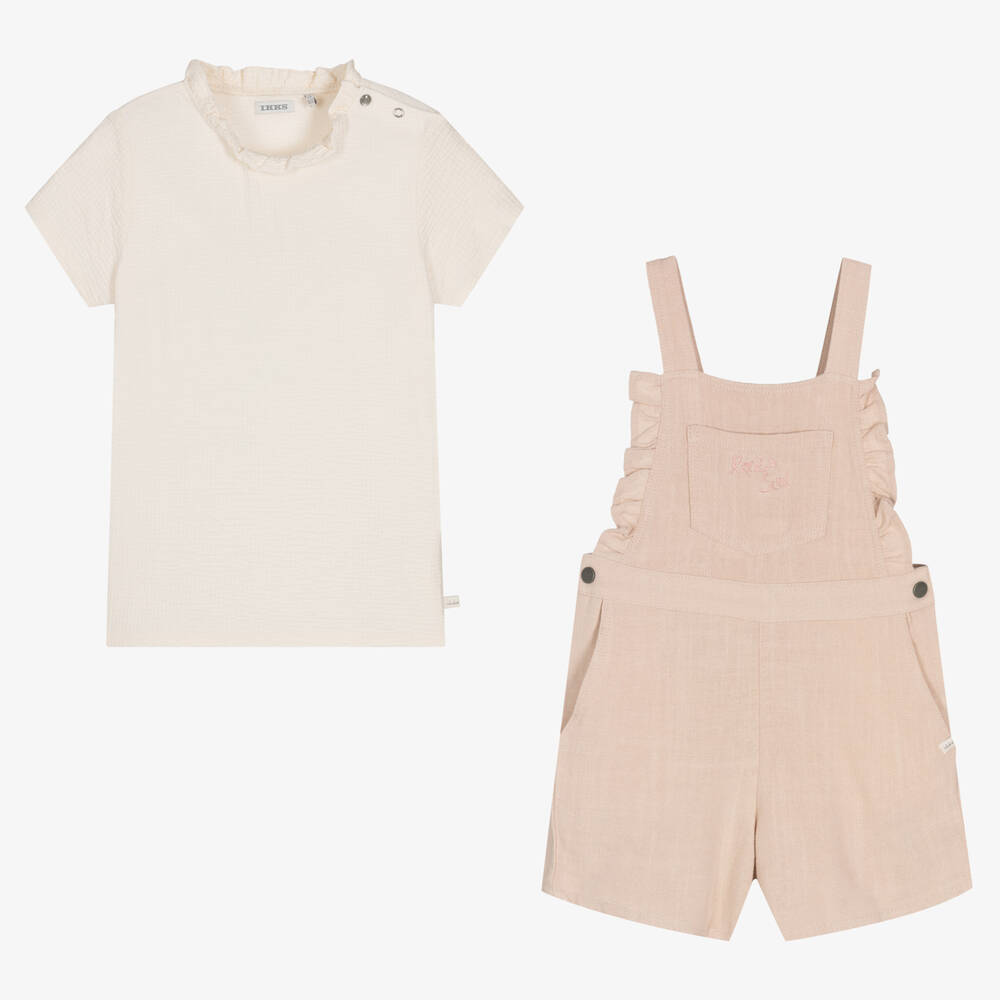 IKKS-Girls Pink Viscose Dungaree Set | Childrensalon Outlet