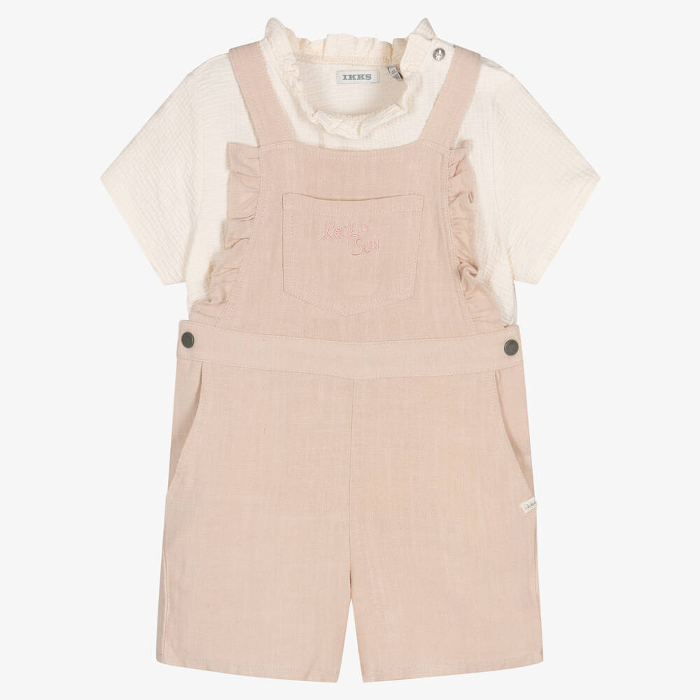 IKKS - Girls Pink Viscose Dungaree Set | Childrensalon