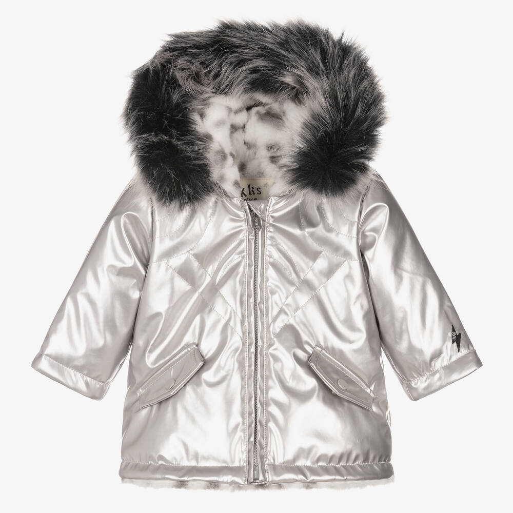 IKKS - Girls Silver Hooded Coat | Childrensalon