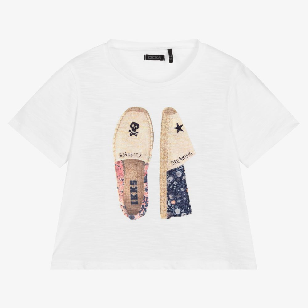 IKKS - Girls White Cotton T-Shirt | Childrensalon