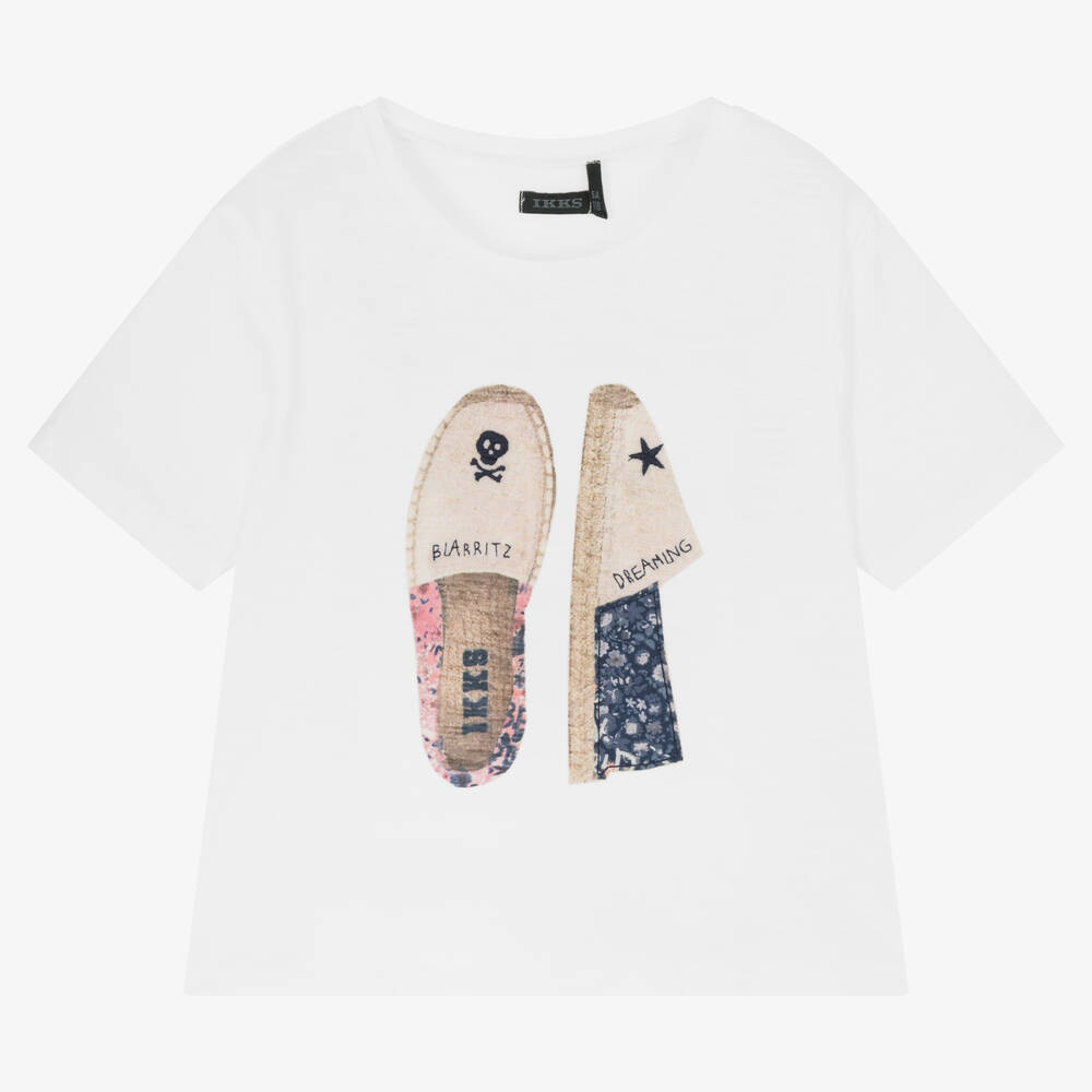 IKKS - Girls White Cotton T-Shirt | Childrensalon