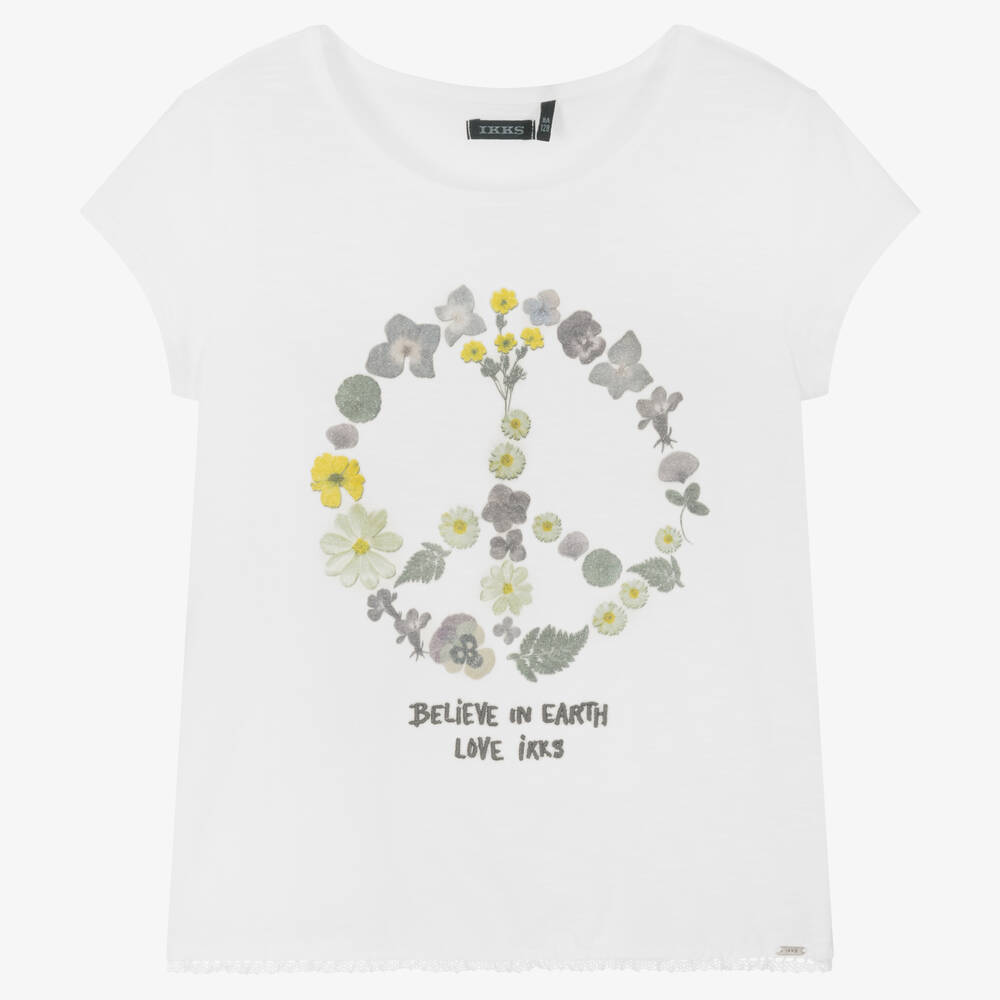IKKS - Girls White Peace Sign T-Shirt | Childrensalon