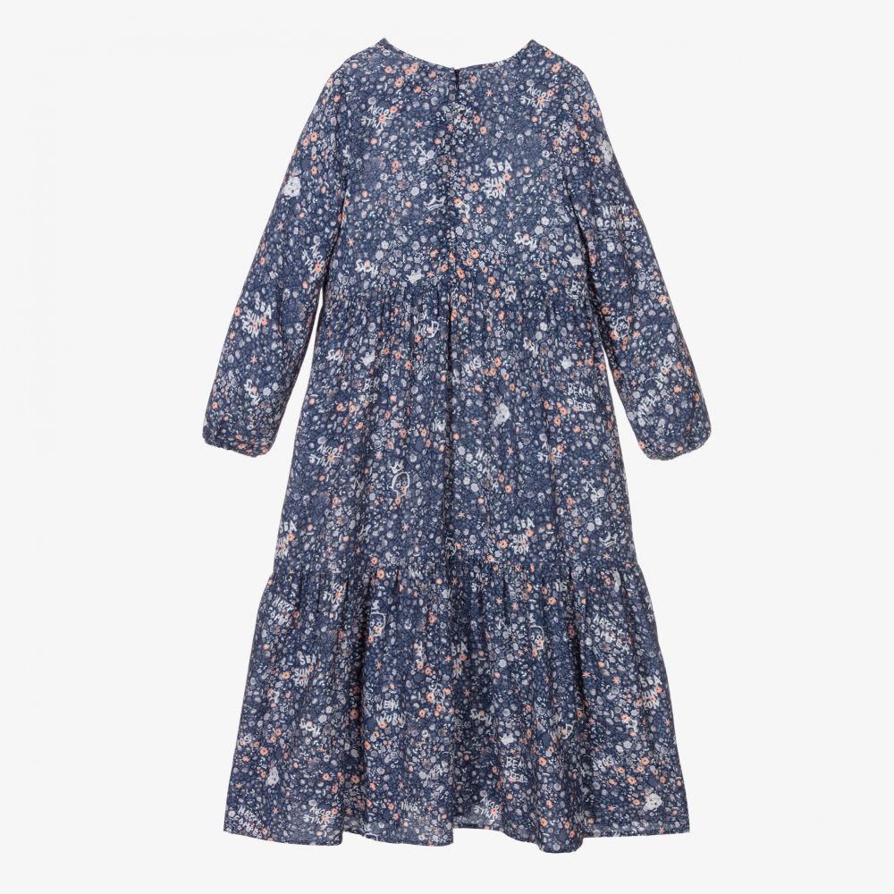 آي كيه كيه إس-فستان فيسكوز لون أزرق وزهري بطبعة ورود | Childrensalon Outlet