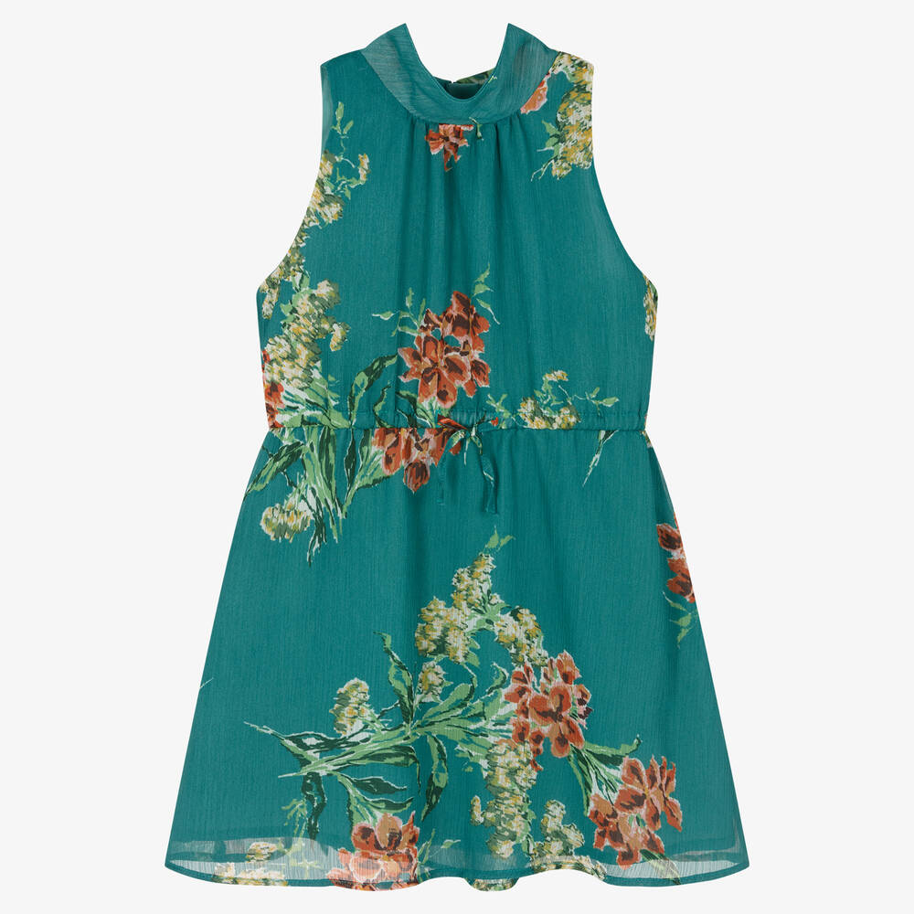 IKKS - Teal Blue Floral Chiffon Dress | Childrensalon