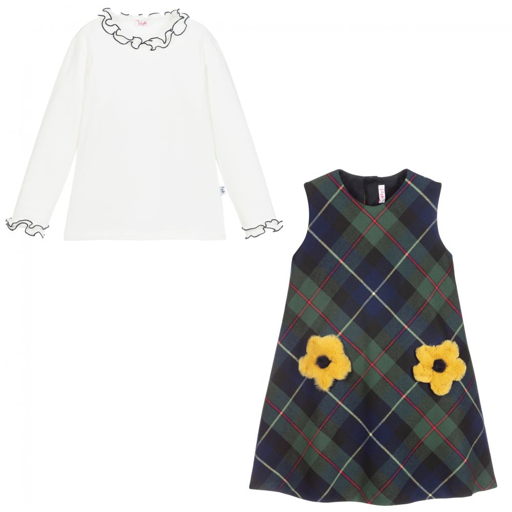 Il Gufo-فستان تارتان و توب قطن جيرسي لون كحلي و عاجي | Childrensalon Outlet