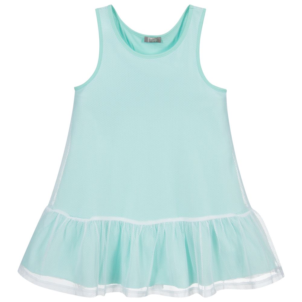 Il Gufo - Aqua Green & White Mesh Dress | Childrensalon