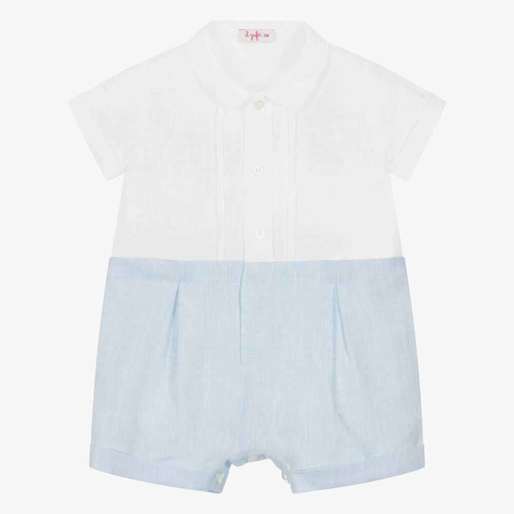 Il Gufo-Baby Boys Blue & White Linen Shortie | Childrensalon Outlet