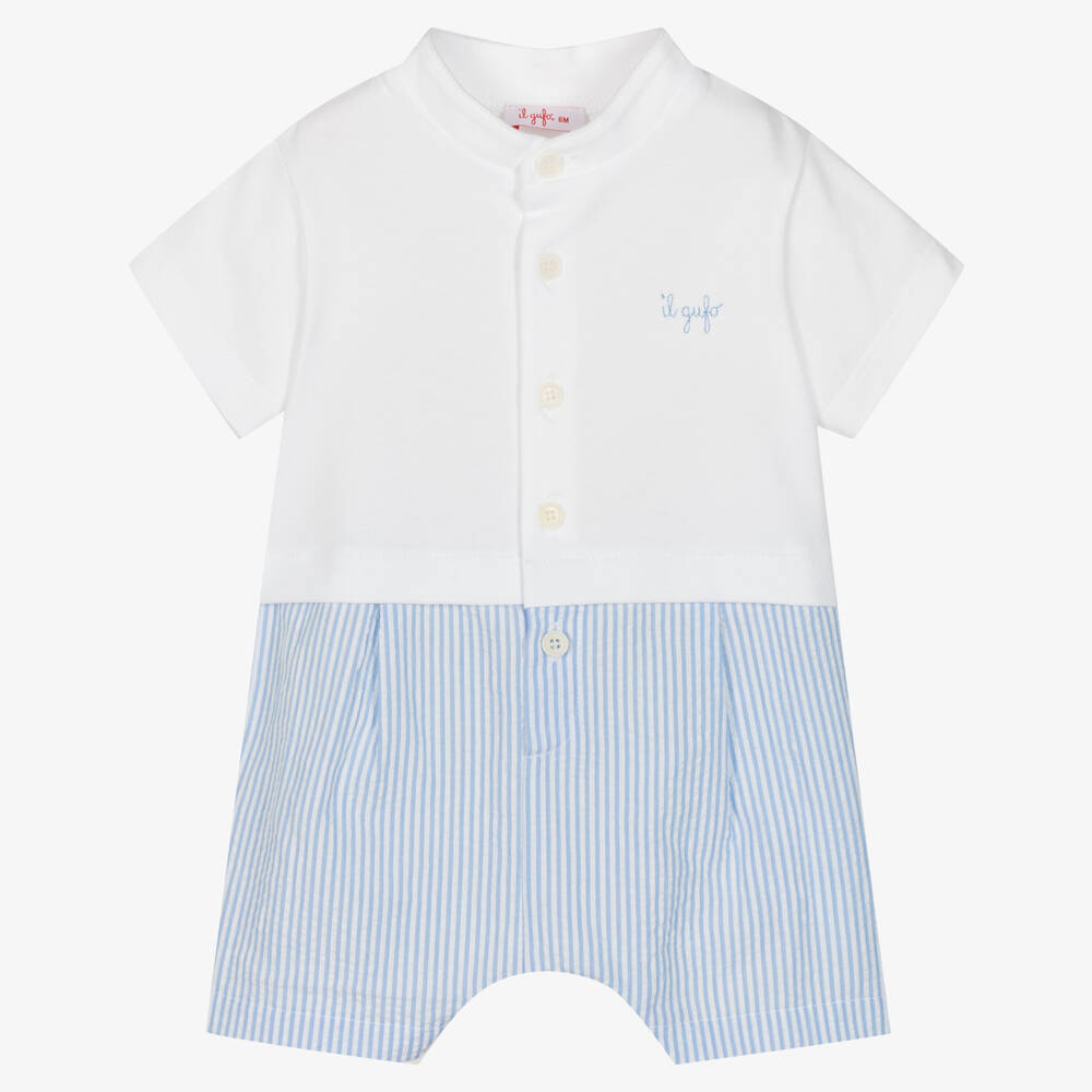 Il Gufo - Baby Boys White & Blue Cotton Shortie | Childrensalon