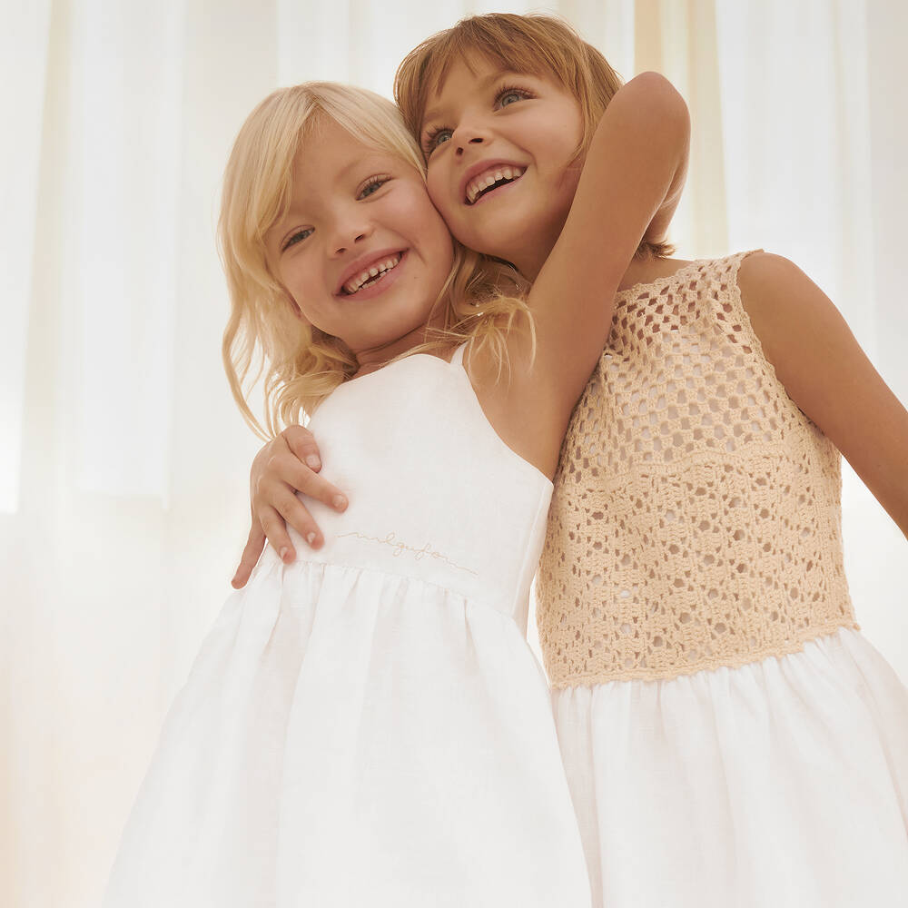 Il Gufo-Бежевое хлопковое платье с вязаным крючком верхом | Childrensalon Outlet