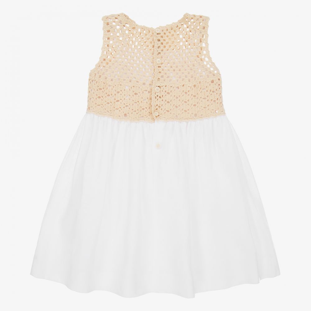 Il Gufo-Бежевое хлопковое платье с вязаным крючком верхом | Childrensalon Outlet